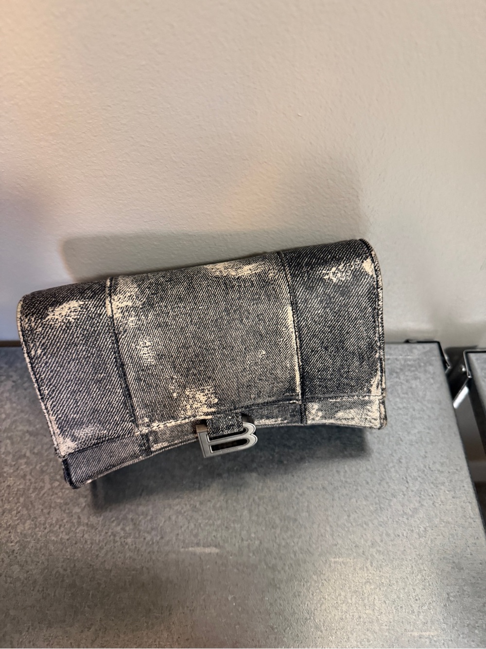 Balenciaga Black and White Distressed Denim-Effect Wallet